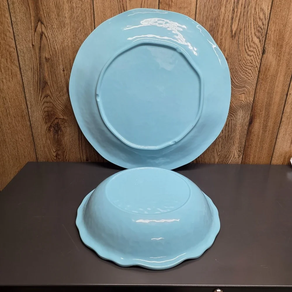 Cynthia Rowley Large Blue Melamine Serving Platter & Bowl Set Floral Farmhouse